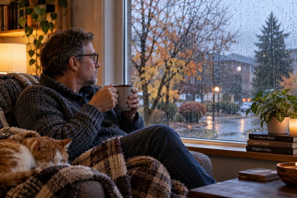 A man and his cat enjoy a quiet time inside during a storm