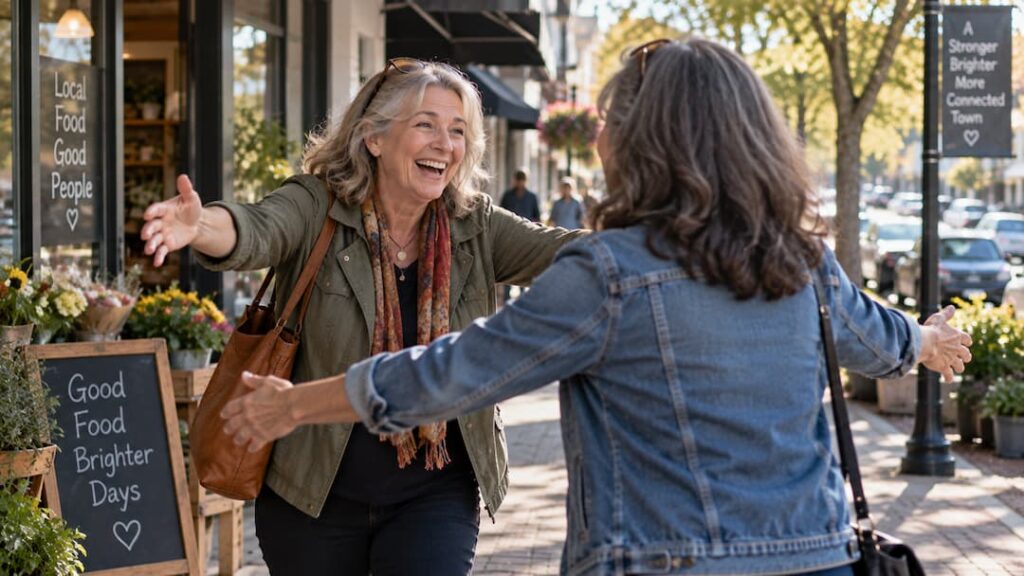 Leaving room for people to return - One Man Can Human Capital Development Two friends who haven't seen each other in a while meet in the street and embrace