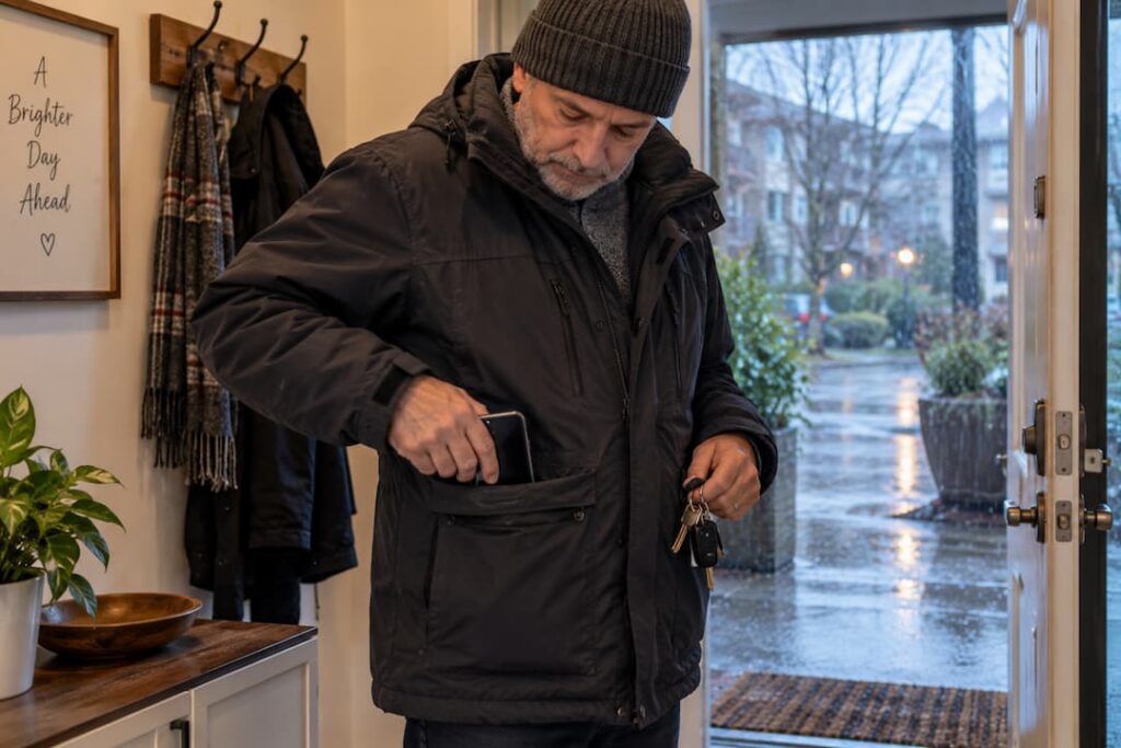 Man dressed for inclement weather going about his departure routine