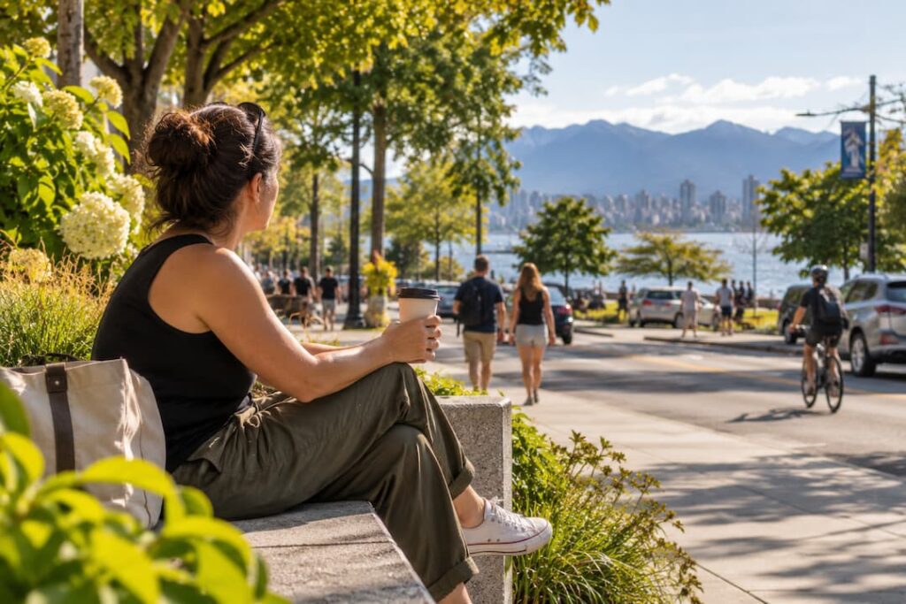 Woman sits on park bench enjoying summer weather