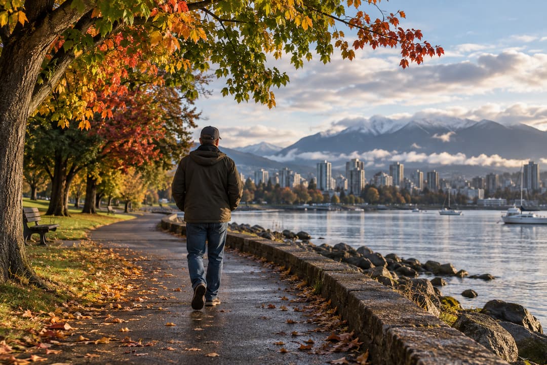 Man dressed warm walking along the seawall